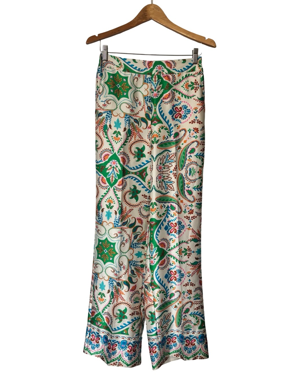 Rachel Zoe Cream Straight-Leg Pants with Green and Blue Print